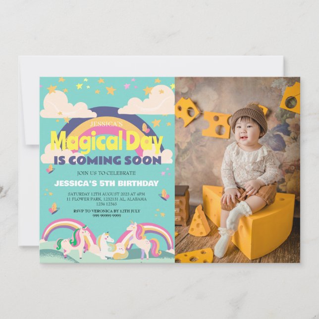 Einfaches Niedliches Girl Foto Unicorn Erstgeburte Einladung (Vorderseite)