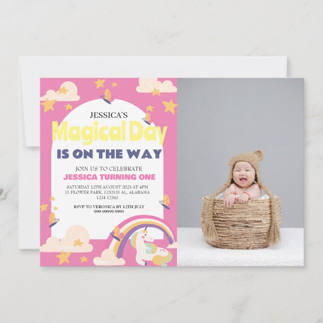 Einfaches Niedliches Girl Foto Unicorn Erstgeburte Einladung (Vorderseite)