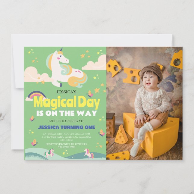 Einfaches Niedliches Girl Foto Unicorn Erstgeburte Einladung (Vorderseite)