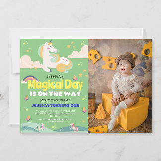 Einfaches Niedliches Girl Foto Unicorn Erstgeburte Einladung