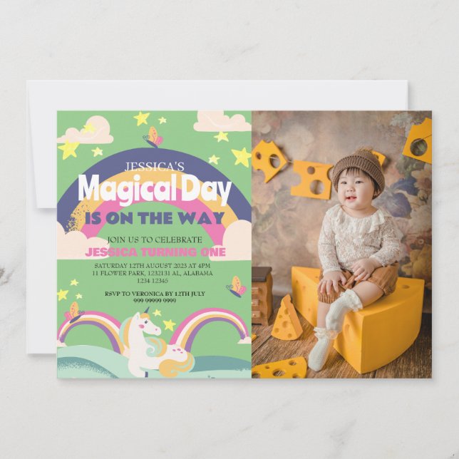 Einfaches Niedliches Girl Foto Unicorn Erstgeburte Einladung (Vorderseite)
