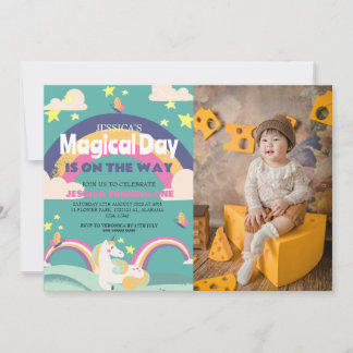 Einfaches Niedliches Girl Foto Unicorn Erstgeburte Einladung