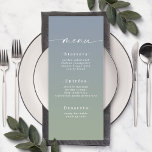 Einfaches Ombre Dusty Blue & Green Wedding Menu Menükarte<br><div class="desc">Einfache Ombre Dusty Blue & Green Wedding Rezeption Abendessen Menü. Diese moderne schicke Menu-Karte ist einfach klassisch und elegant mit einem subtilen ombre-Farbverlauf und einem hübschen Signatur-Script-Kalligraphie-Schriftart mit Schwänzen. Im neuen Farbraum gezeigt. Erhältlich in mehreren Farboptionen, oder fühlen Sie sich frei, die Farben aus dem Editor zu bearbeiten (klicken Sie...</div>
