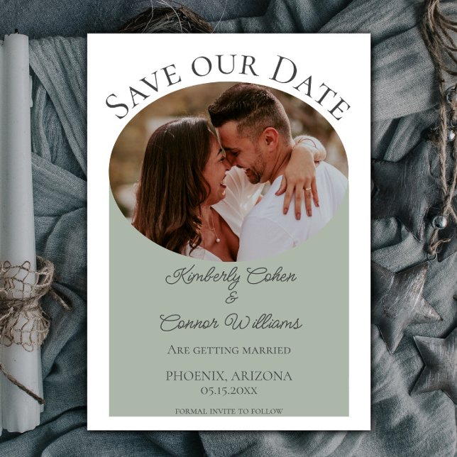 Einfaches ovales Foto Save the Date | Sage Green (Sage Green Simple Oval Photo Save the Date)