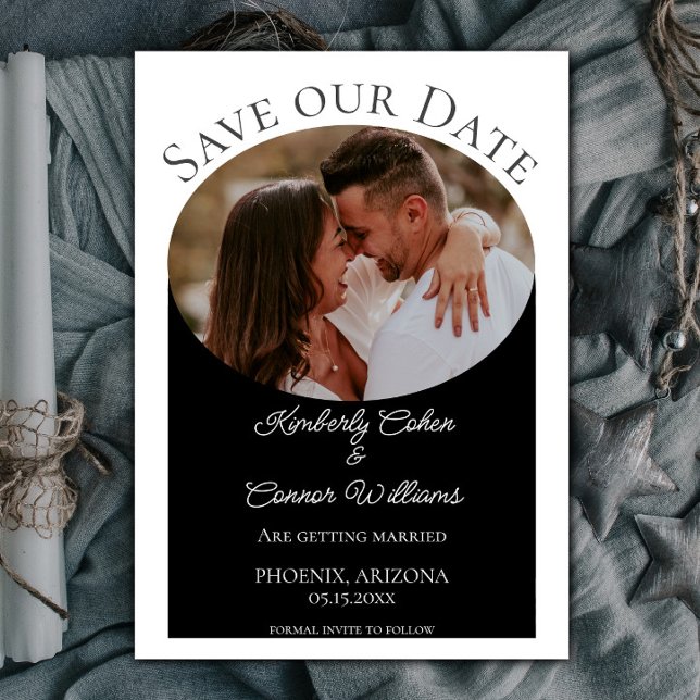 Einfaches ovales Foto Save the Date | Schwarz (Black Simple Oval Photo Save the Date)