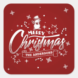 Einfaches Personalisiertes Snowman Weihnachtsstick Quadratischer Aufkleber