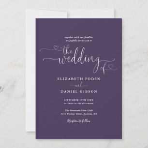 Einfaches Purple Hearts Script Foto Hochzeit Einladung