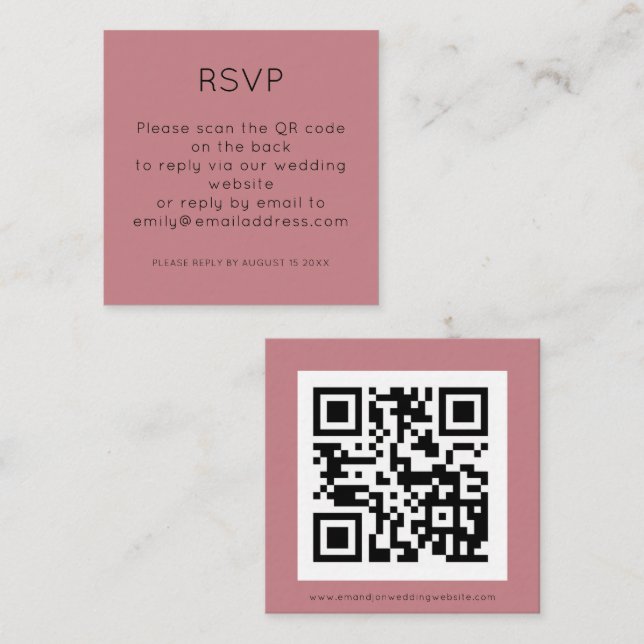 Einfaches QR-Code Dusty Rose Pink Wedding RSVP Begleitkarte (Vorne/Hinten)