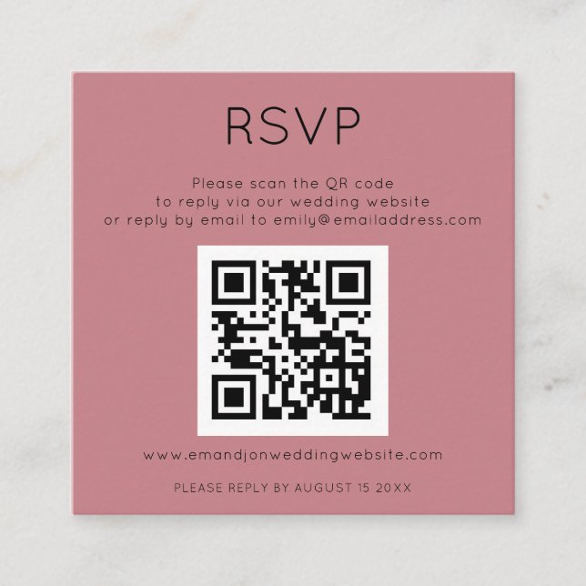 Einfaches QR-Code Dusty Rose Pink Wedding RSVP Begleitkarte (Vorderseite)
