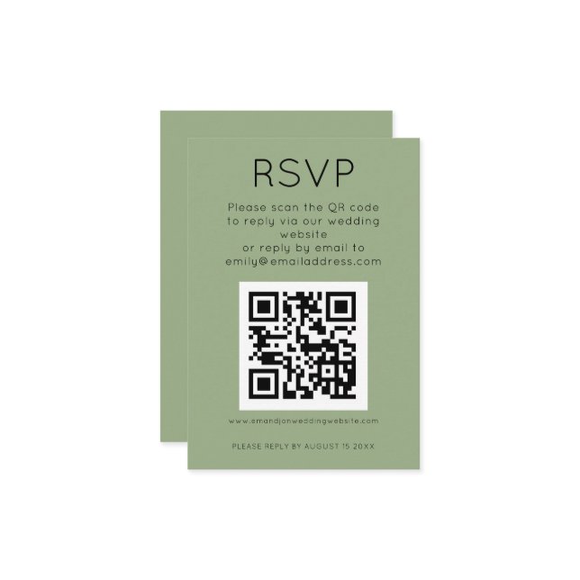 Einfaches QR Code Sage Green Wedding RSVP Begleitkarte (Vorderseite/Rückseite Beispiel)