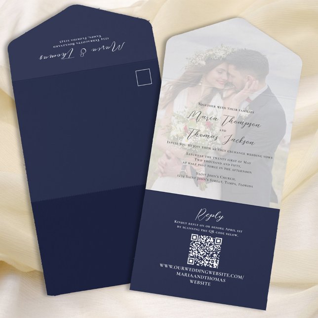 Einfaches QR-Foto Navy Blue UAWG Online All In One Einladung (Simple Navy blue wedding invitation with vellum photo overlay effect all in one style. )