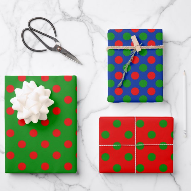 Einfaches Red Green Blue Xmas Polka Dot Pattern Geschenkpapier Set (Vorderseite)