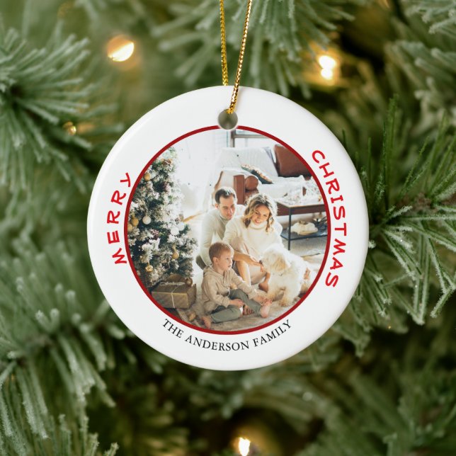 Einfaches Red MerChristmas Family Foto Keramik Ornament (Baum)