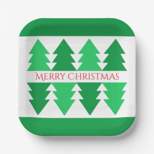 Einfaches Red Merry Christmas Green Tree Design Pappteller