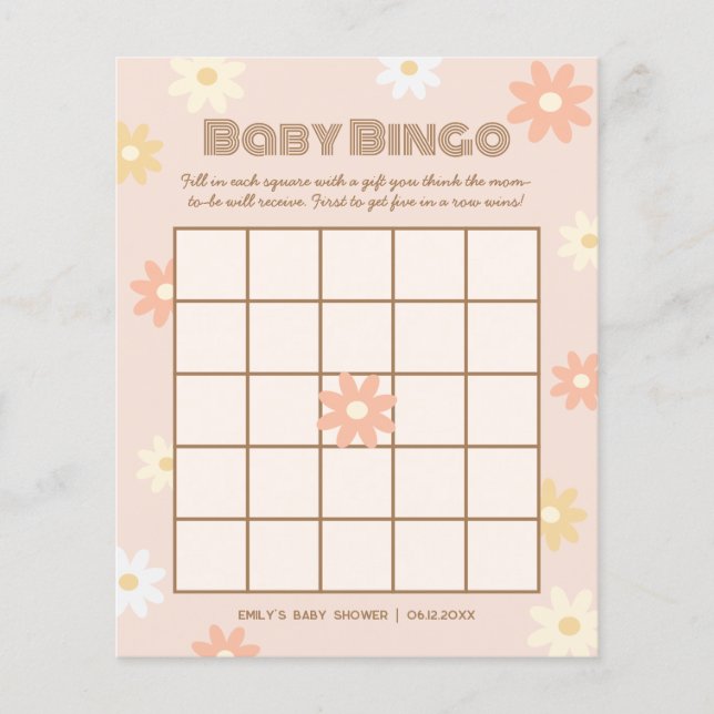 Einfaches Retro Boho Daisy Baby Dusche Bingo Spiel (Vorderseite)