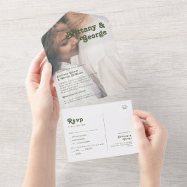 Einfaches Retro-Olive-Grün-Foto-Siegel und Senden All In One Einladung