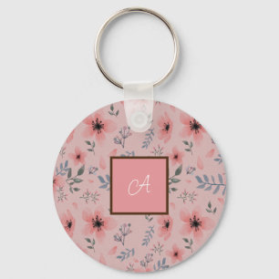 Einfaches rosa Blumenmuster Boho Vintage Monogramm Schlüsselanhänger