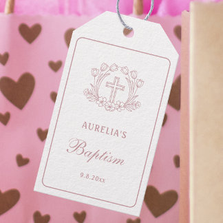 Einfaches rosa florales Kreuz Taufe Geschenkanhänger