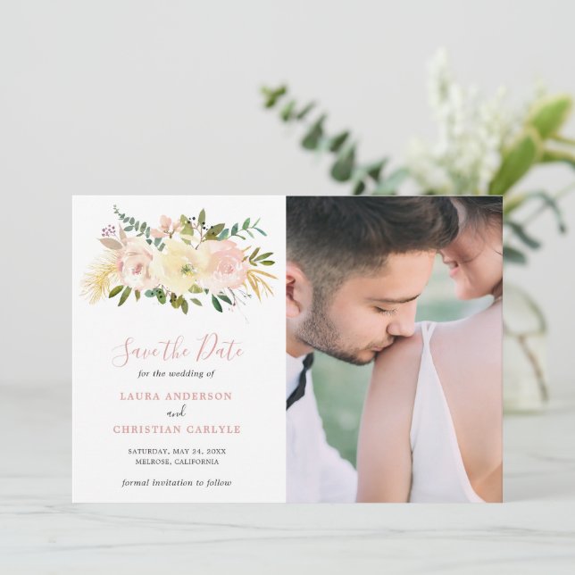 Einfaches Rosa Foto Elegante Hochzeit Save The Date (Stehend Vorderseite)