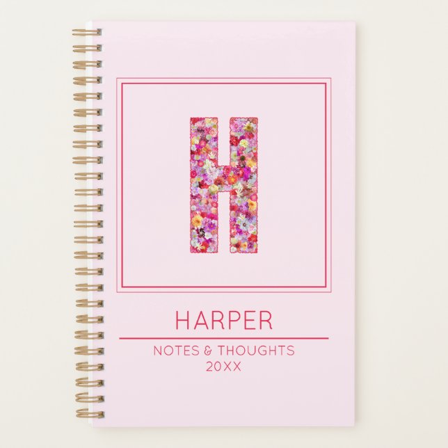 Einfaches Rosa Mädchenhaftes Florales Monogramm Bu Planer (Vorderseite)