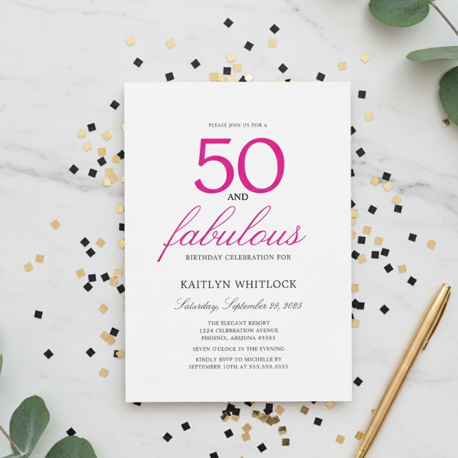 Einfaches rosa Skript 50 und fantastischer 50. Geb Einladung (modern elegant pink script fifty and fabulous 50th birthday party invitation with full photo)