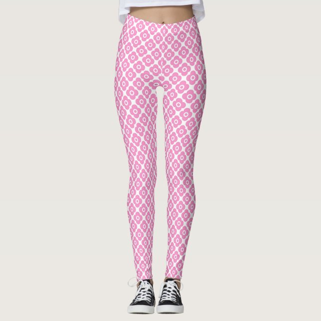 Einfaches rosa und weißes Blumenmuster Leggings (Vorderseite)