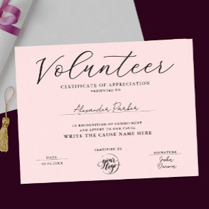Einfaches rosa Volunteer-Zertifikat zur Anerkennun Poster