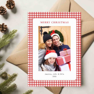 Einfaches rotes Gingham-Weihnachtsfoto Feiertagskarte