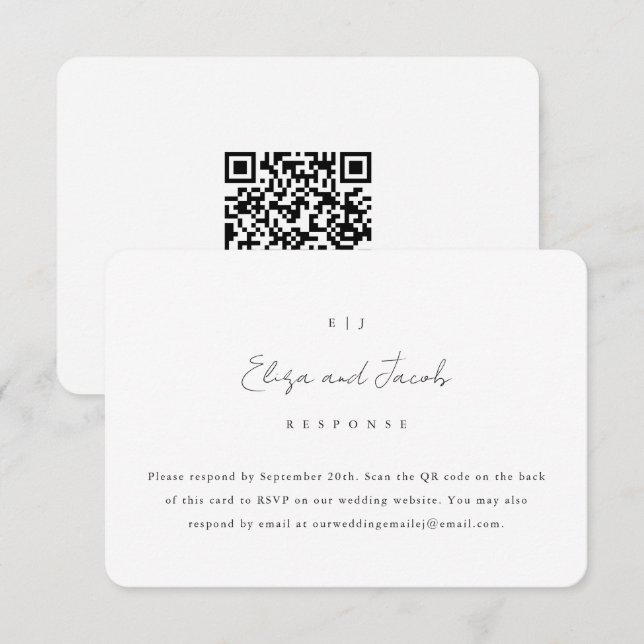 Einfaches RSVP für Schwarzweiß-Hochzeiten mit QR-C Karte (Vorne/Hinten)