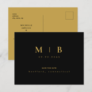 Einfaches Save the Date Gold Monogramm Schwarz Ankündigungspostkarte