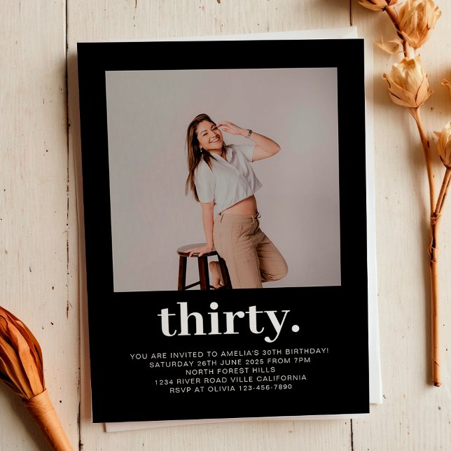 Einfaches Schwarz-Minimal-Foto 30. Geburtstag Einladung (Von Creator hochgeladen)
