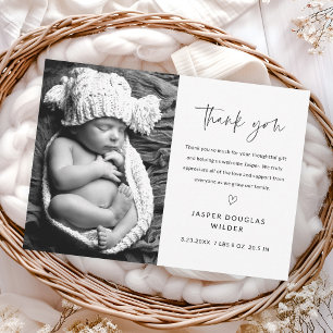Einfaches Schwarz-Weiß-Babyfoto mit Skript-Schrift Dankeskarte
