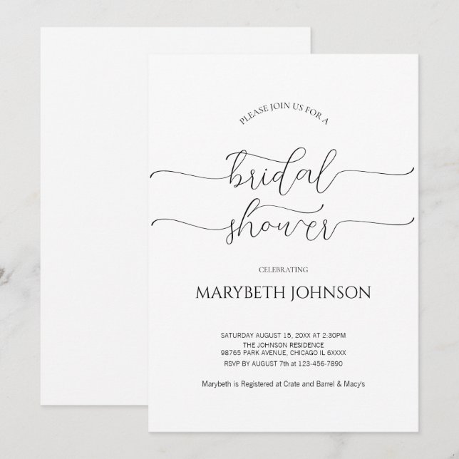 Einfaches Schwarz-Weiß-Brautparty mit minimalem Sk Einladung (Vorne/Hinten)