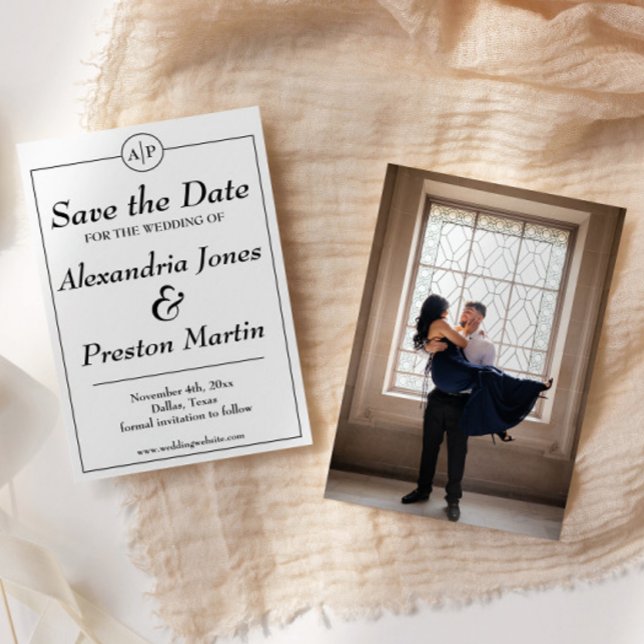 Einfaches Schwarz-Weiß-Foto Save the Date (elegant black and white formal monogram save the date with engagement photo on back)
