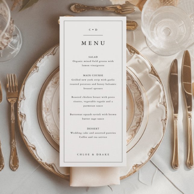 Einfaches Schwarz-Weiß-Hochzeitsessen Menükarte (Simple Monogram Wedding Menu.)