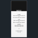 Einfaches Schwarz-Weiß-Hochzeitsmenü Menükarte<br><div class="desc">Einfaches Schwarz-Weiß Hochzeitsmenü Kann vollständig auf Ihre Bedürfnisse angepasst werden Anzug. © Gorjo Designs via Zazzle. // Sie suchen passende Artikel? Andere Schreibwaren aus dem Set hier verfügbar: https://www.zazzle.com/collections/black_and_white_striped_wedding-119550615860932414 // Benötigen Sie Hilfe bei der Anpassung Ihres Designs? Andere Ideen got? Kontaktieren Sie mich unter: zoe@gorjodesigns.com</div>
