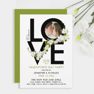 Einfaches Schwarz-Weiß-Liebes-Script-Foto Floral Einladung