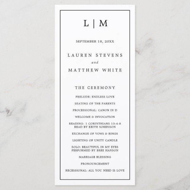 Einfaches Schwarz-Weiß-Monogramm Elegante Hochzeit Programm (Vorderseite)