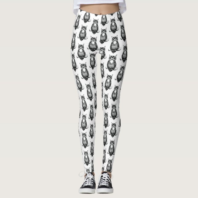 Einfaches Schwarz-Weiß-Owl-Muster Leggings (Vorderseite)
