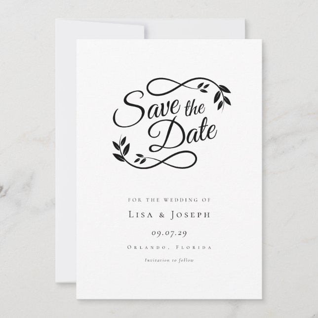 Einfaches Schwarz-Weiß-Skript Save The Date (Vorderseite)