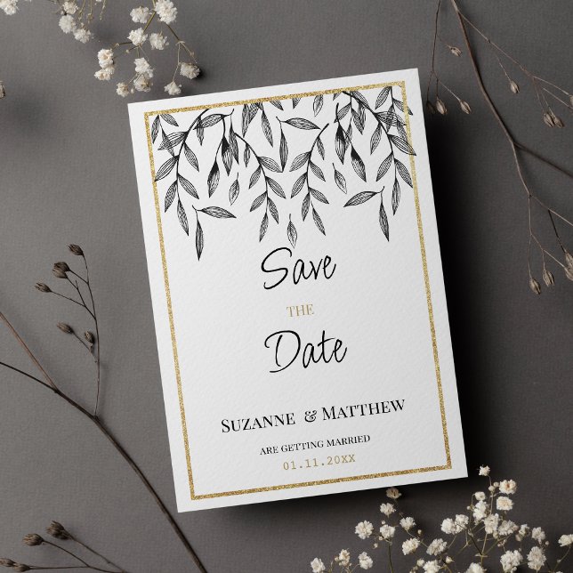 Einfaches Schwarz-weißes Blattgold Save the Date Einladung (Simple black white gold foliage Save the Date )
