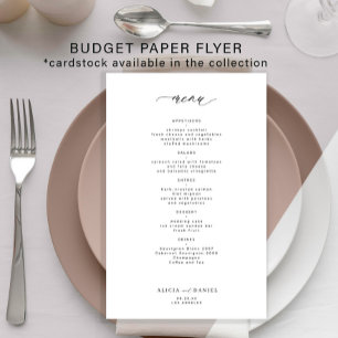 Einfaches schwarz-weißes Hochzeitsmenü mit kleinem Flyer