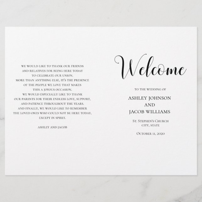 Einfaches schwarz-weißes Hochzeitsprogramm gefalte (Vorderseite)