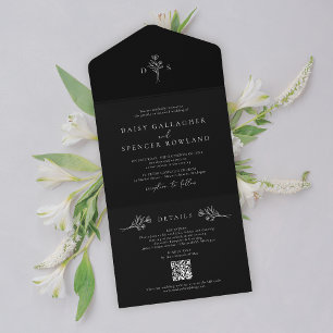 Einfaches schwarzes Blumenmonogramm mit QR-RSVP-Ho All In One Einladung