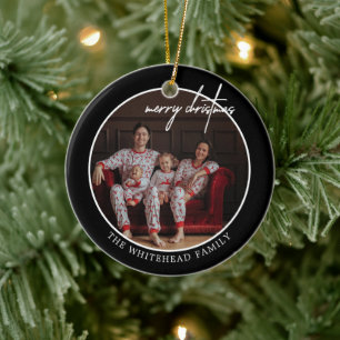 Einfaches Schwarzes Frohe Weihnachten Foto Weiß Keramik Ornament