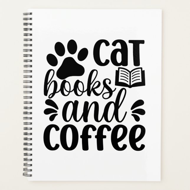 Einfaches schwarzes "Katzen Bücher und Kaffee" Lie Planer (Vorderseite)