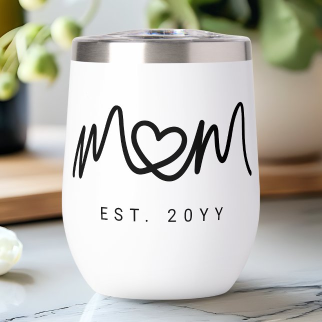 Einfaches Schwarzes Skript Herz Mutter Mom Gegründ (Simple Black Script Heart Mother Mom Established Thermal Wine Tumbler)