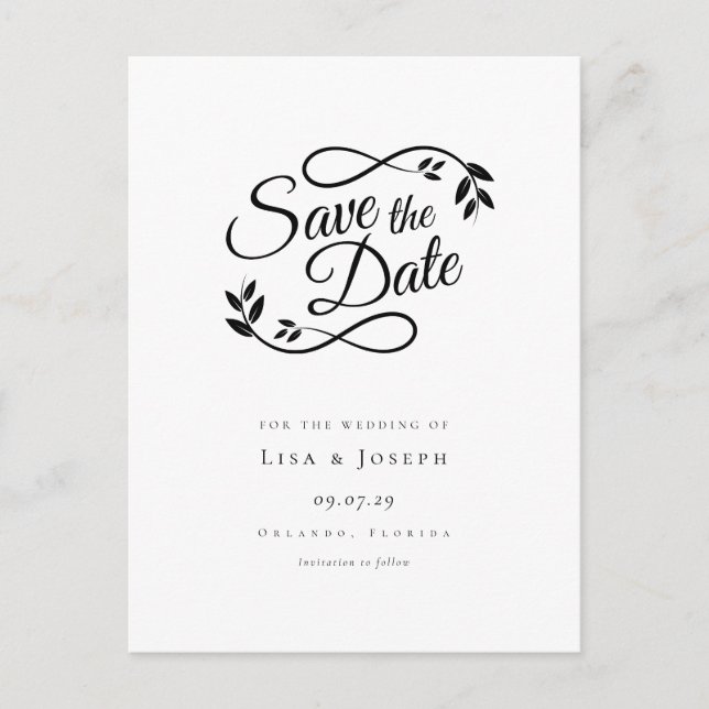 Einfaches Schwarzweiß-Script Save the Date Postkarte (Vorderseite)
