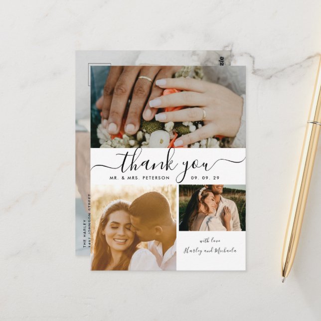 Einfaches Script 4 Foto Collage Wedding Vielen Dan Postkarte (Vorderseite/Rückseite Beispiel)