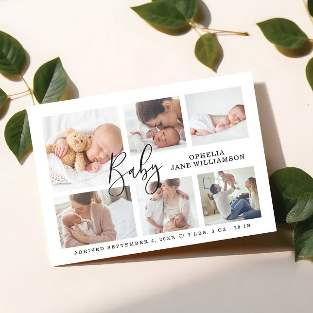 Einfaches Script Baby Birth Foto Collage White Magneteinladung (Simple Script Baby Birth Photo Collage White Magnetic Invitation)